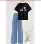 Black colour shirt(serial chiller) print with sky blue wide leg jeans